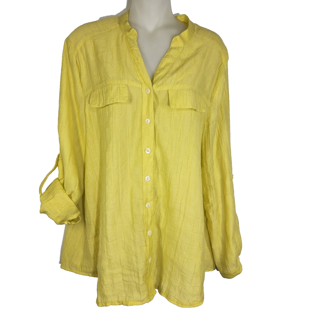 Erin London Women Shirt Medium Textured Yellow Long Roll Tab Sleeve Button Bambo